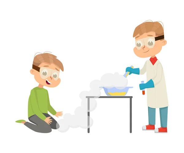 Śmieszne chłopcy w laboratorium Coat mieszania chemikaliów w szkło Flask wektor ilustracji — Wektor stockowy