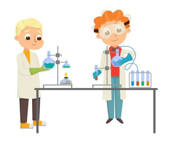 Smart Boys in Laboratory Coat uitvoeren van chemische experimenten in glazen kolf Vector Illustratie — Stockvector