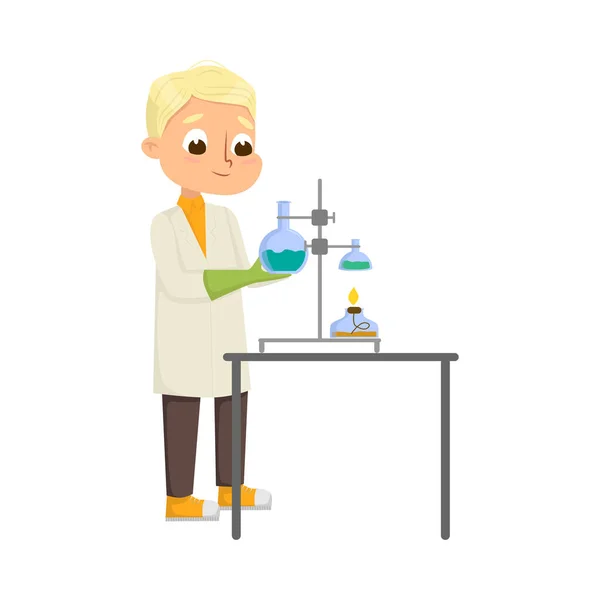 Smart Boy in Laboratory Coat Conducting Chemical Experiments in Glass Flask Vector Illustration — Stock Vector