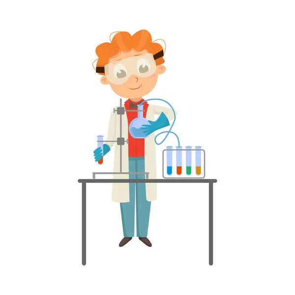 Smart Boy in Laboratory Coat Conducting Chemical Experiments in Glass Flask Vector Illustration — Stock Vector