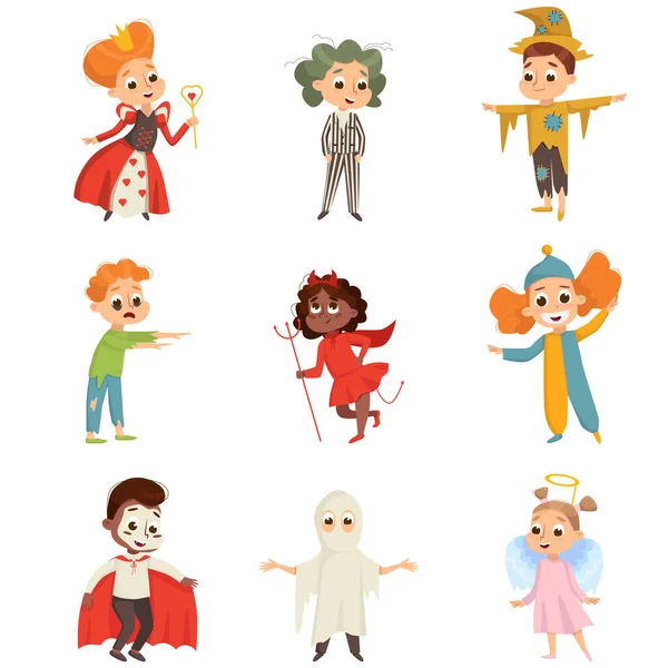 Funny Kid personajes vestidos con trajes de Halloween conjunto de vectores — Vector de stock