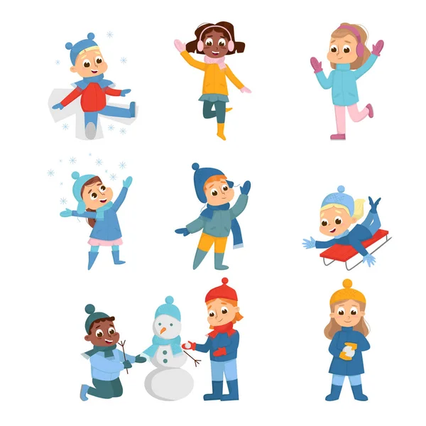 Cheerful Kids Enjoying Winter Holidays Building Snowman and Sledging Vector Set — Stock Illustration Cheerful Kids Enjoying Winter Holidays Building Snowman and Sledging Vector Set Royalty Free Stock Vectors
