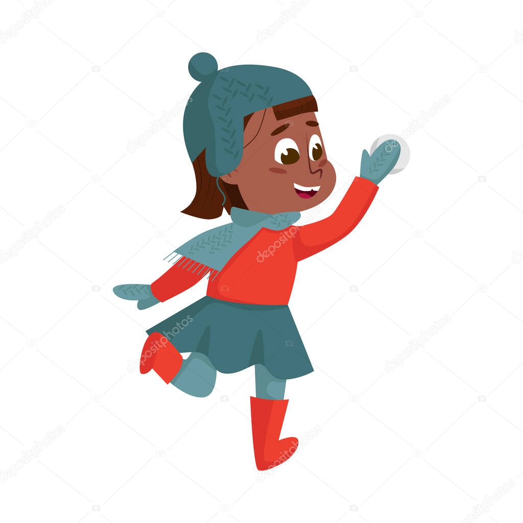 Cheerful Girl Walking and Enjoying Winter Holiday Vector Illustration