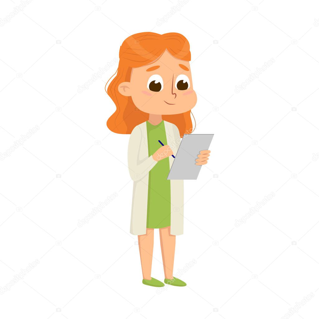 Cute Girl in Laboratory Coat Attending Chemistry Lesson Vector Illustration