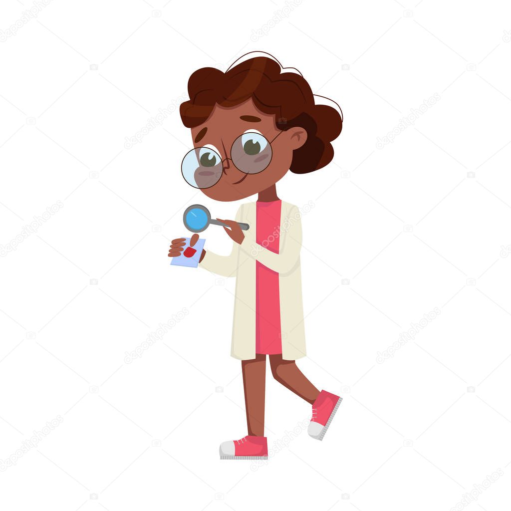 Cute Girl in Laboratory Coat Examining Chemical Reaction Through Magnifying Glass Vector Illustration