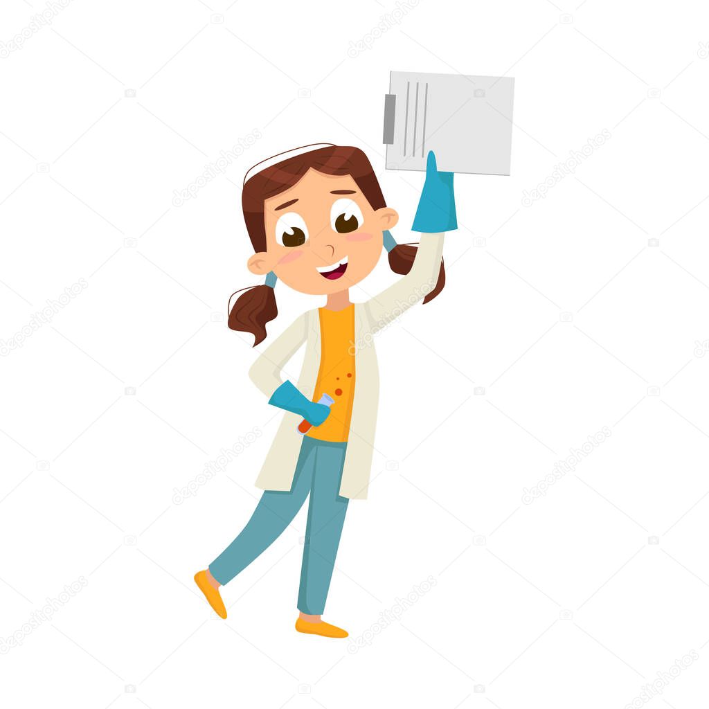 Smiling Girl in Laboratory Coat Cheering About Successful Experiment Result Vector Illustration