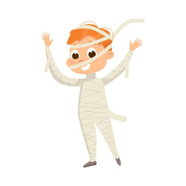 Gülen Çocuk Cadılar Bayramı Giyinik Mumya Kostüm Vektörü Çizimi