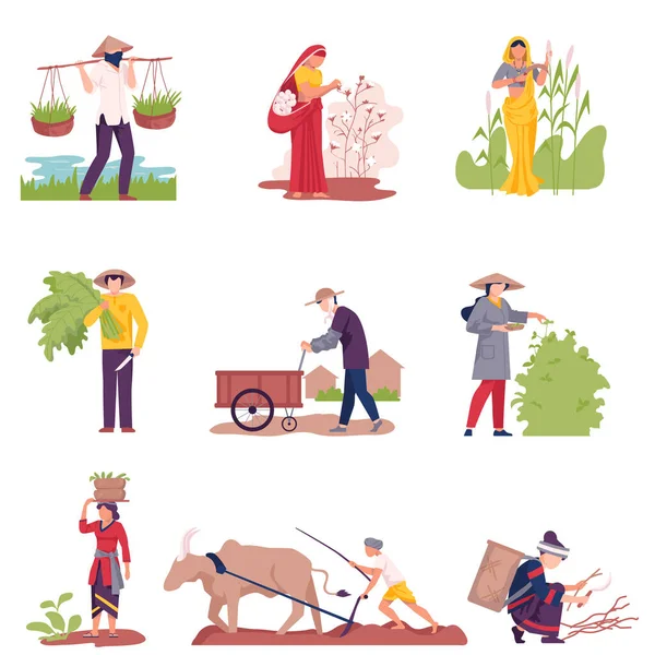 Asian Farmers Gathering Agricultural Crops and Cultivating Soil Vector Illustration Set — Stock Vector