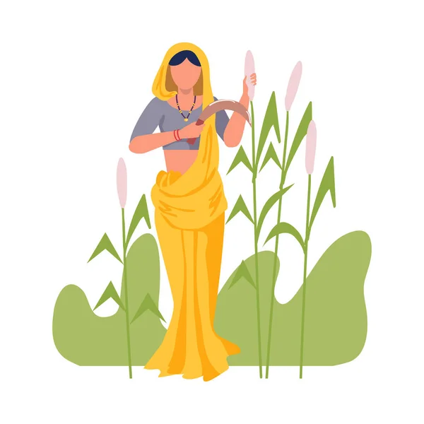 Asian Female Farmer with Hook Reaping Plant Vector Illustration — Stock Vector