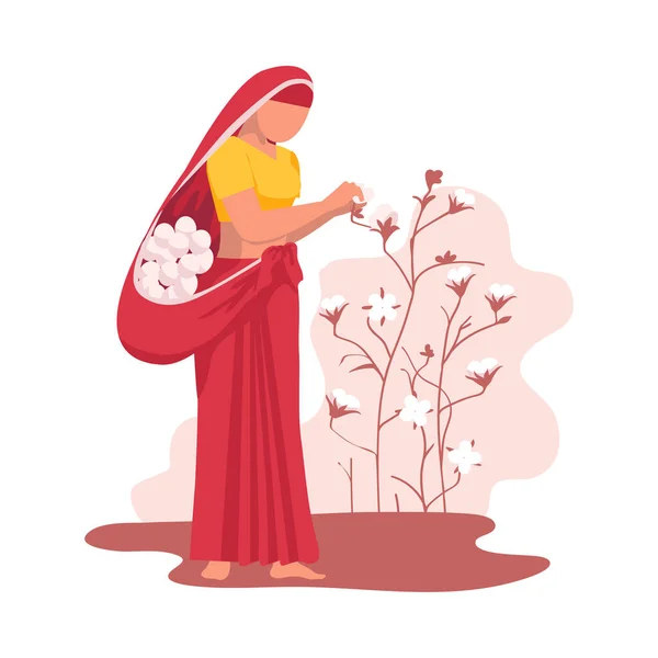 Agricultora asiática vestida con saree reuniendo flores de algodón Vector Ilustración — Vector de stock