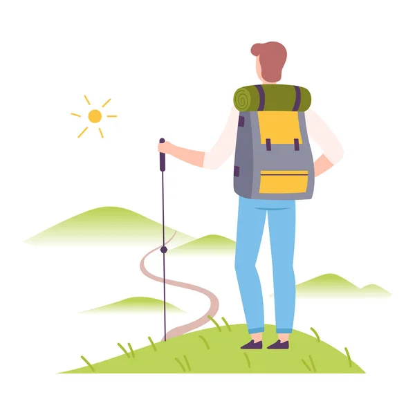 Sportive Man with Backpack and Trekking Pole Walking Vector Illustration — Stock Vector