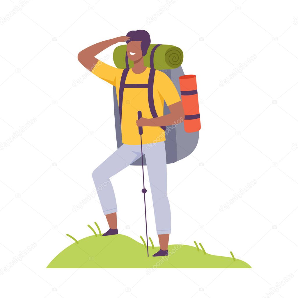 Smiling Man with Backpack and Trekking Pole Walking Vector Illustration