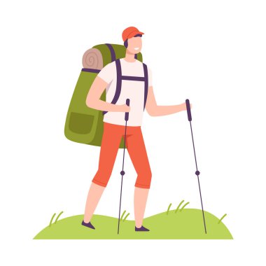 Sırt çantalı gülümseyen adam ve Trekking Pole Yürüyen Vektör İllüstrasyonu