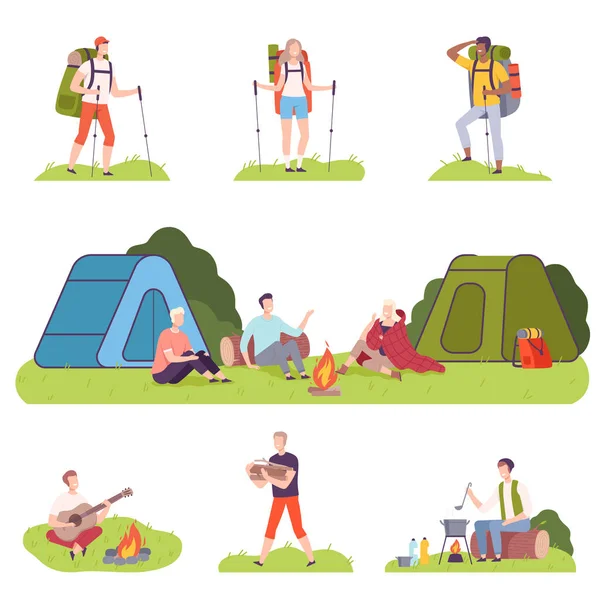 Postacie ludzi z plecakami Turystyka i Camping Vector Illustration Set — Wektor stockowy