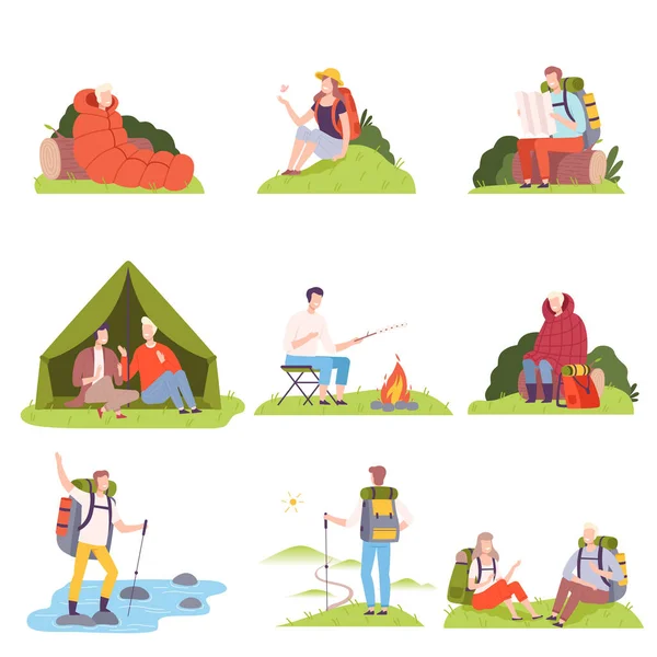 Charakteristiky lidí s batohy Turistika a Camping Vector Illustration Set — Stockový vektor