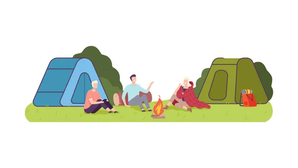 Cheerful People Characters Sitting at Campfire Laughing and Talking Vector Illustration — Stock Vector