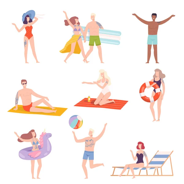 Postacie wytatuowanych ludzi w stroju kąpielowym spoczywa na plaży Wektor Ilustracja zestaw — Wektor stockowy