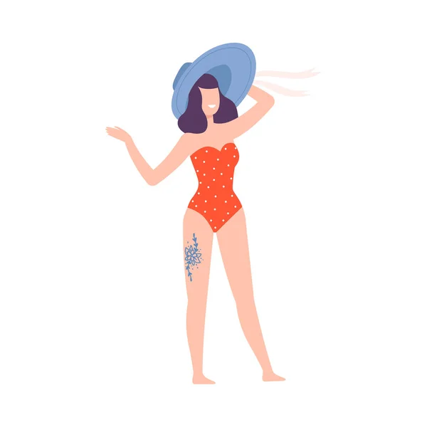 Young Woman with Tattoo Wearing Swimming Suit Standing on Beach Vector Illustration — Stock Vector
