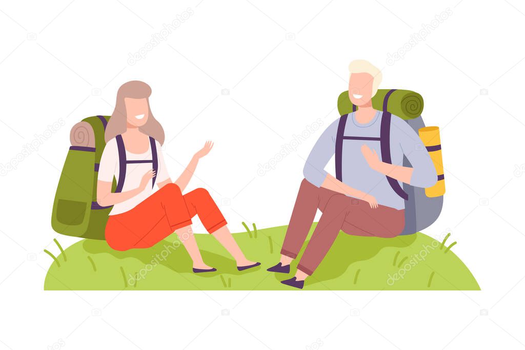 Cheerful Man and Woman with Backpack Sitting on Hill Vector Illustration