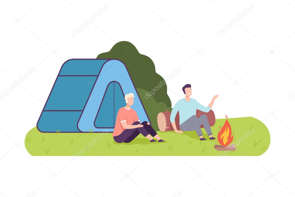 Cheerful Men Characters Sitting at Campfire Laughing and Talking Vector Illustration