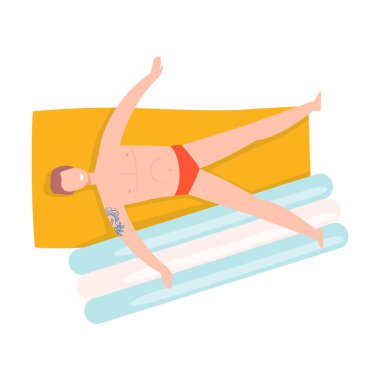 Dövmeli Rahatlamış Adam Plajda Dinleniyor Havluyla Üstten Görünümlü Vektör Resimlerinde Uzanıyor