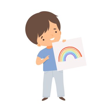 Gülümseyen Çocuk Resimli Gökkuşağı Vektör Resimleriyle Kağıt Gösteriyor