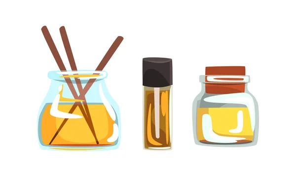 Aromatic Oil Glass Jars and stick for Spa Treatment Vector Set — 스톡 벡터