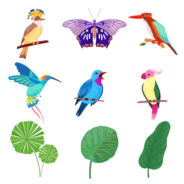 Foglie Tropicali, Uccelli e Farfalle come Flora Esotica e Set Vettoriale Faunistico — Vettoriale Stock