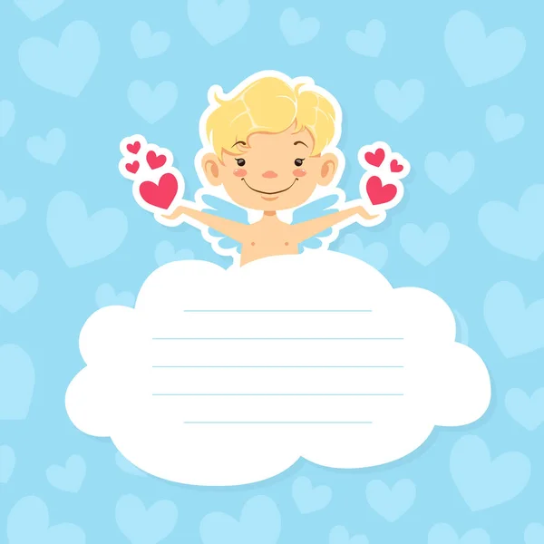 Niedlicher Baby-Engel auf Wolke mit Platz für Text, entzückender kleiner Amor im Himmel mit Herzen in seinen Händen Vektor-Illustration. — Stockvektor