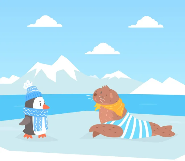 Animales del Ártico del Polo Norte en el paisaje polar, Sello lindo y personajes de pingüino Dibujos animados Vector Ilustración — Vector de stock