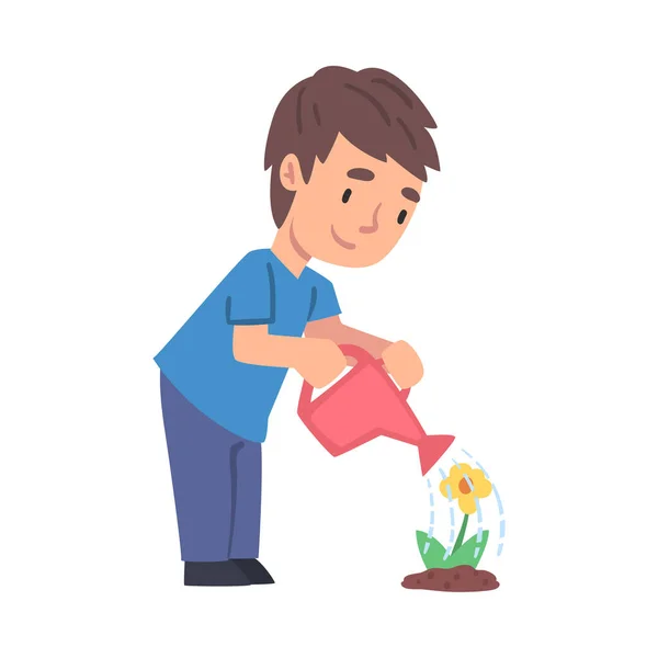 Cute Boy podlewania kwiat, dziecko pracuje w ogrodzie i dbanie o planetę, ochrony środowiska koncepcja stylu wektor Ilustracja izolowane na białym tle — Wektor stockowy