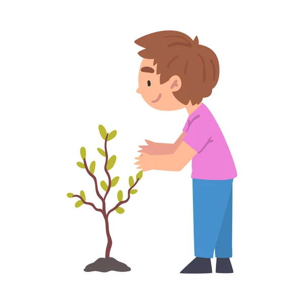 Cute Boy Planting Tree, Child Working in Garden or Taking Care about Planet, Environmental Protection Concept Cartoon Style Vector Illustration - Stok Vektor