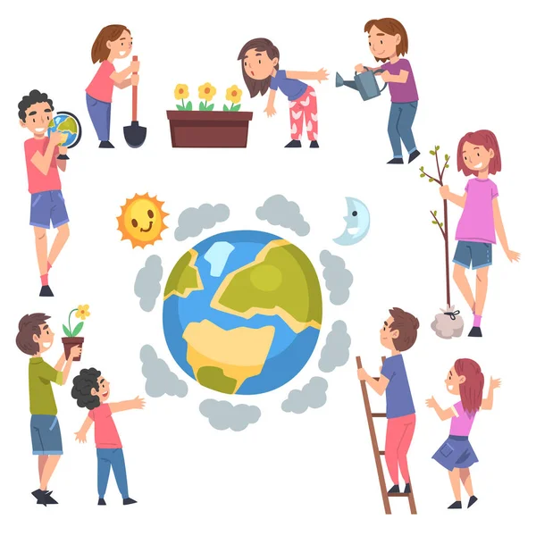 Bambini che si prendono cura della Terra Planet Set, Bambini piantare alberi e fiori, Concetto di protezione ambientale stile cartone animato Vector Illustrazione — Vettoriale Stock