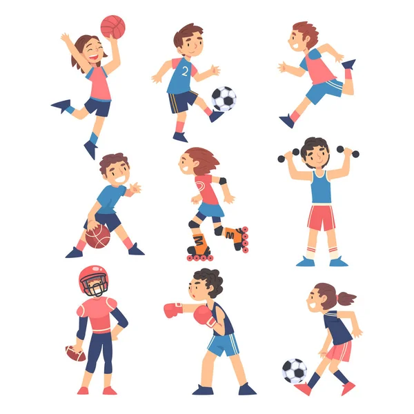 子供たちは様々なスポーツセットをプレイ,男の子と女の子はボールを再生,ローラースケート,ボクシング,健康的なライフスタイルのコンセプト漫画スタイルベクトルイラスト — ストックベクタ