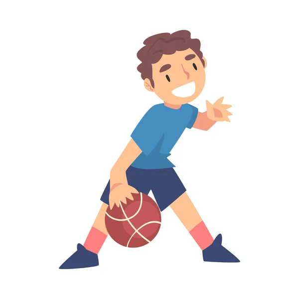 Jongen spelen basketbal, Kid doet sport, gezonde Lifestyle Concept Cartoon Style Vector Illustratie — Stockvector