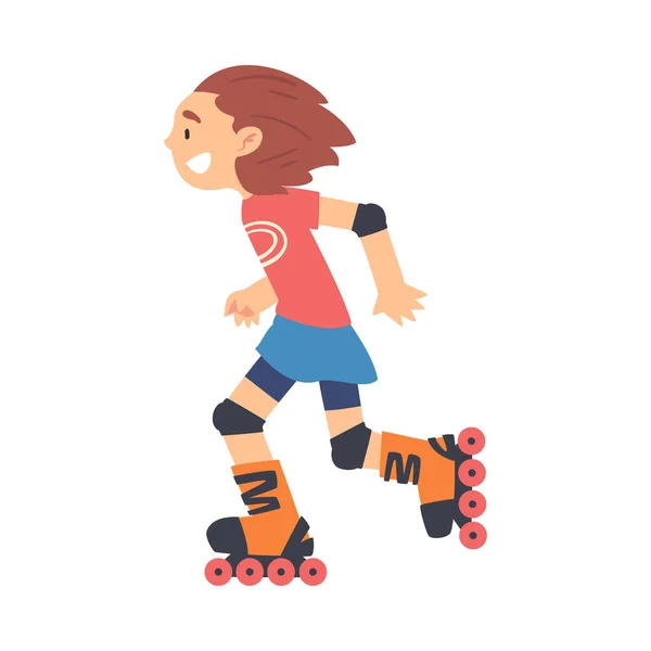 Menina sorridente patinando, Kid fazendo esportes, conceito de estilo de vida saudável Desenhos animados estilo Vector Ilustração — Vetor de Stock