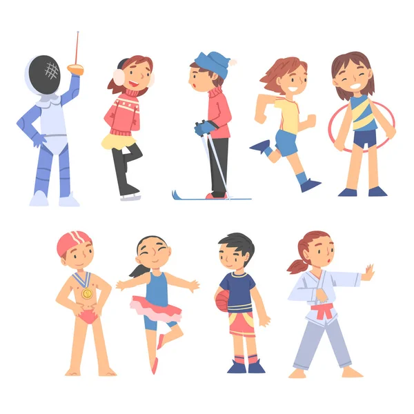 Children Playing Various Sports Set, Boys and Girls Fencing, Skating, Dancing, Swimming, Healthy Lifestyle Concept Cartoon Style Vector Illustration Vector Graphics