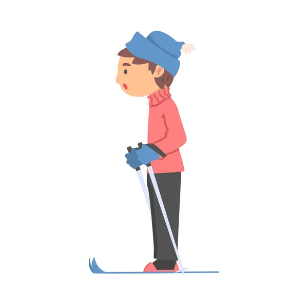Junge Skifahren in warmer Kleidung, Kind beim Wintersport, gesunder Lebensstil Konzept Cartoon Style Vector Illustration — Stockvektor