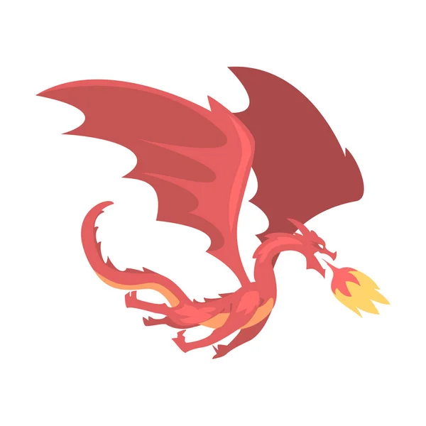 Red Dragon Fairytale Animal with Wings Cartoon Style Vector Illustration — Stock Vector