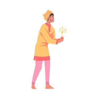 Geleneksel Kıyafetli Hintli Adam, Candlestick 'te Parlayan Mumla, İnsanlar Diwali Hindu Bayram Işığı Festivali Çizgi Film Stili Vektör İllüzyonunu Kutluyor