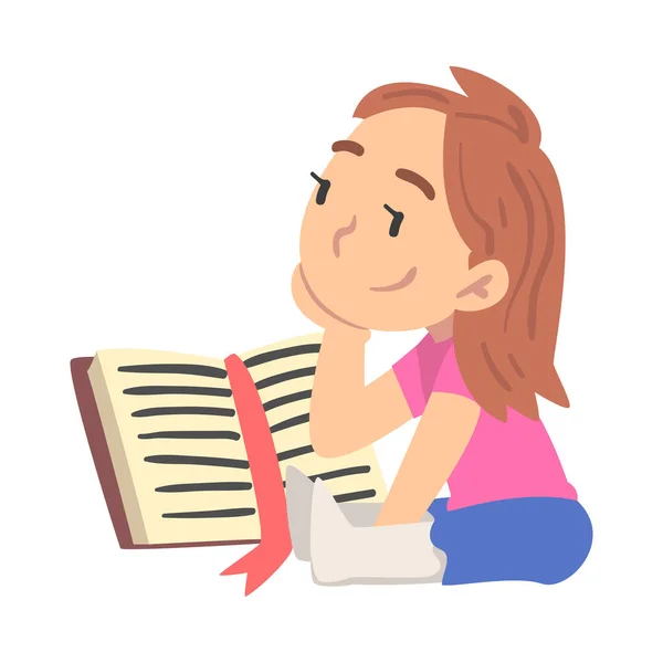 Curious Girl Reading Book, Jovem fã de literatura, contos de fadas, histórias, descobertas Desenhos animados Estilo Vetor Ilustração — Vetor de Stock