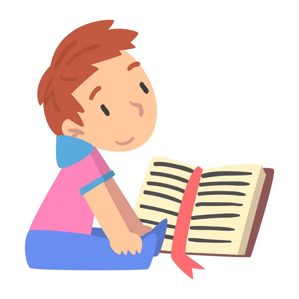 Cute Boy Reading Book, Young Fan of Literature, Fairy Tales, Stories, Discoveries Cartoon Style Vector Illustration — 스톡 벡터