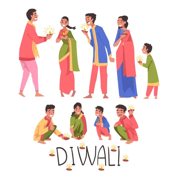 Diwali Hindu Holiday, Indianos em Roupas Tradicionais Celebrando Luz Festival Desenhos Animados Estilo Vetor Ilustração — Vetor de Stock