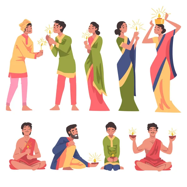 Diwali Hindoe vakantie, Indiase mensen in traditionele kleding vieren Light Festival met gloeiende kaarsen Cartoon Style Vector Illustratie — Stockvector