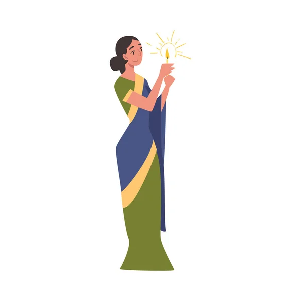 Bella donna indiana con candela nelle sue mani, persone che celebrano Diwali Hindu Holiday Cartoon Style Vector Illustration — Vettoriale Stock