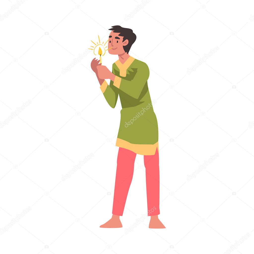 Indian Young Man in Traditional Clothes with Candle, People Celebrating Diwali Hindu Holiday Light Festival Cartoon Style Vector Illustration