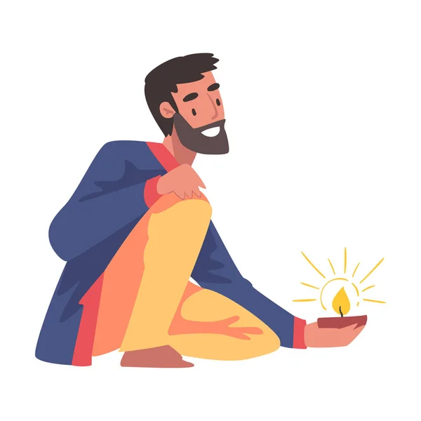 Cheerful Bearded Man in Traditional Indian Clothes with Candle in Candlestick, People Celebrating Diwali Hindu Holiday Light Festival Cartoon Style Vector Illustration — Stock Vector