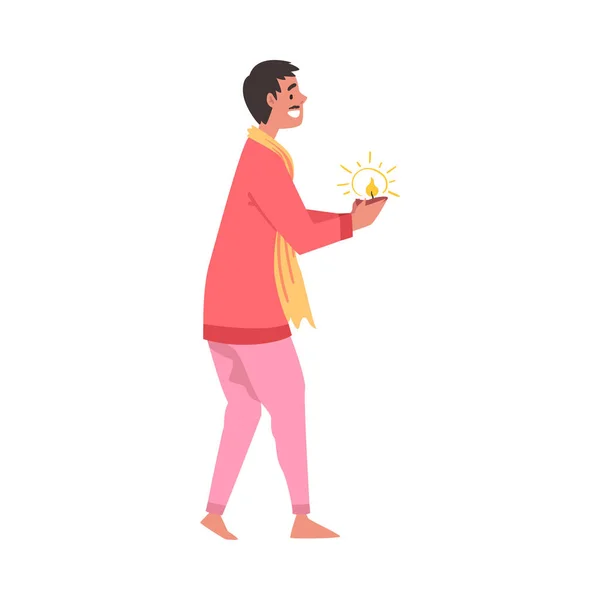 Uomo indiano in abiti tradizionali con candela nelle sue mani, la gente che celebra Diwali Hindu Holiday Light Festival stile cartone animato illustrazione vettoriale — Vettoriale Stock