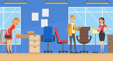 Mobilya Mağazasından Alışveriş Yapan İnsanlar, Mağaza Asistanı Erkek Yardımcısının Ofis Mobilya Vektörü İllüstrasyonunu Seçmesine Yardım Ediyor