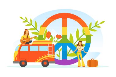Hippie Characters, Old Retro Classic Traveling Van and Rainbow Peace Symbol, Happy People Wearing Retro Clothes of the 60s and 70s Vector Illustration clipart